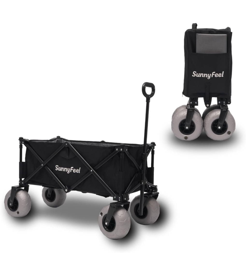 SUNNYFEEL 41" L Beach Wagon with Big Wheels for Sand - 550lbs Heavy Duty Folding Beach Wagon - All Terrain Steel Frame with 9" Pneumatic Tires for Beach, Camping, Sports, Garden (Black)