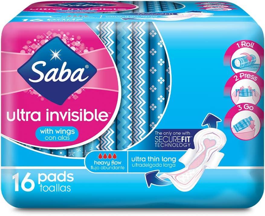 Saba, Ultra Invisible Heavy Flow Ultra Thin Long Pads with Wings, 16 Count