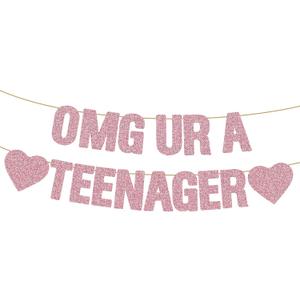 OMG UR A TEENAGER Banner, Pre-Strung 13th Birthday Decorations for Girls Glitter Rose Gold Teen Birthday Banner for 13 Year Old Party Favors Supplies