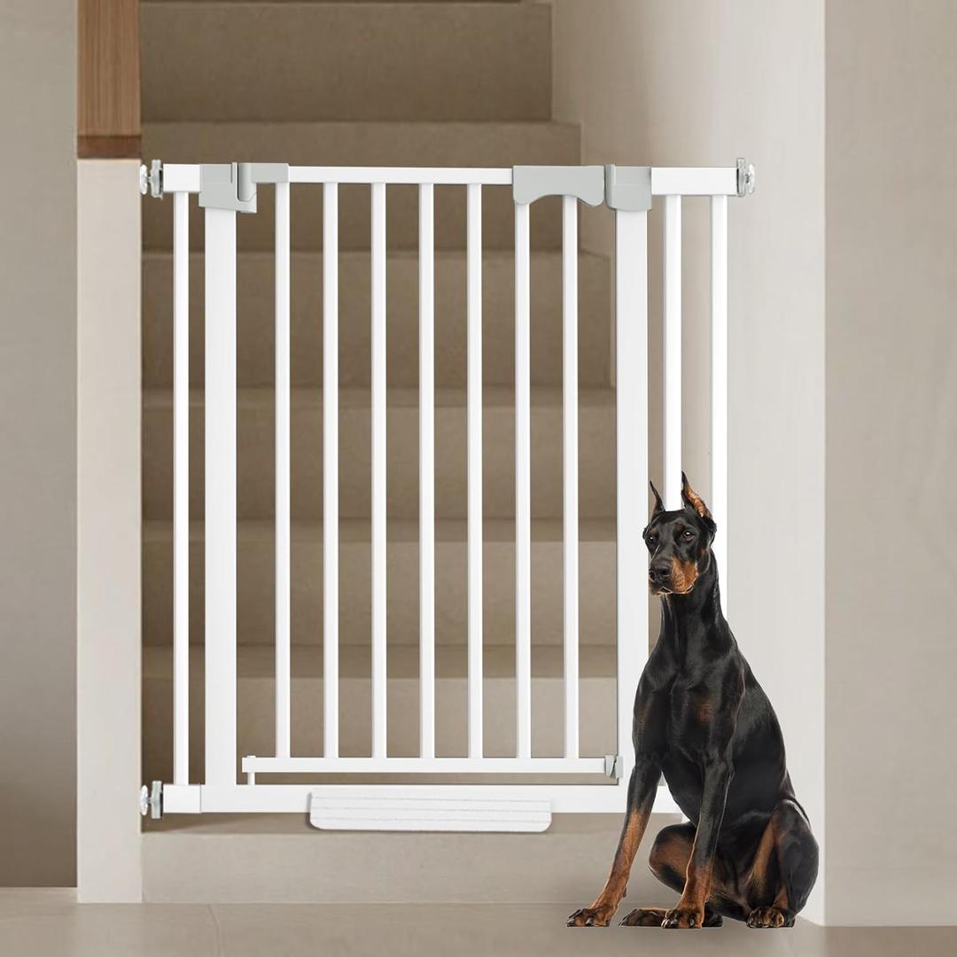41'' Extra Tall Baby Gate for Large Dogs Pets Indoor No Jumping Over, 30-40.9'' Wide Heavy Duty Puppy Gate for Doorways, Pressure Mounted Metal Gate for Child Toddler No Tools Needed(White)
