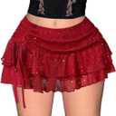 RoseSeek Women's Y2K Sequin Mesh Ruffle Layered Skirts Drop Waist Glitter Ruched Mini Skirt Concert Outfits (Red, L)
