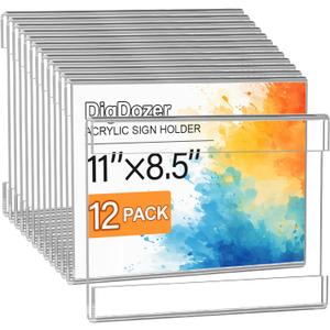 12 Pcs Acrylic Sign Holder 11 x 8.5, Horizontal Wall Mount Sign Holders with Adhesive, Clear Plastic Frames Paper Display Sign Holders for Office, Home, Store, Restaurant - No Drilling