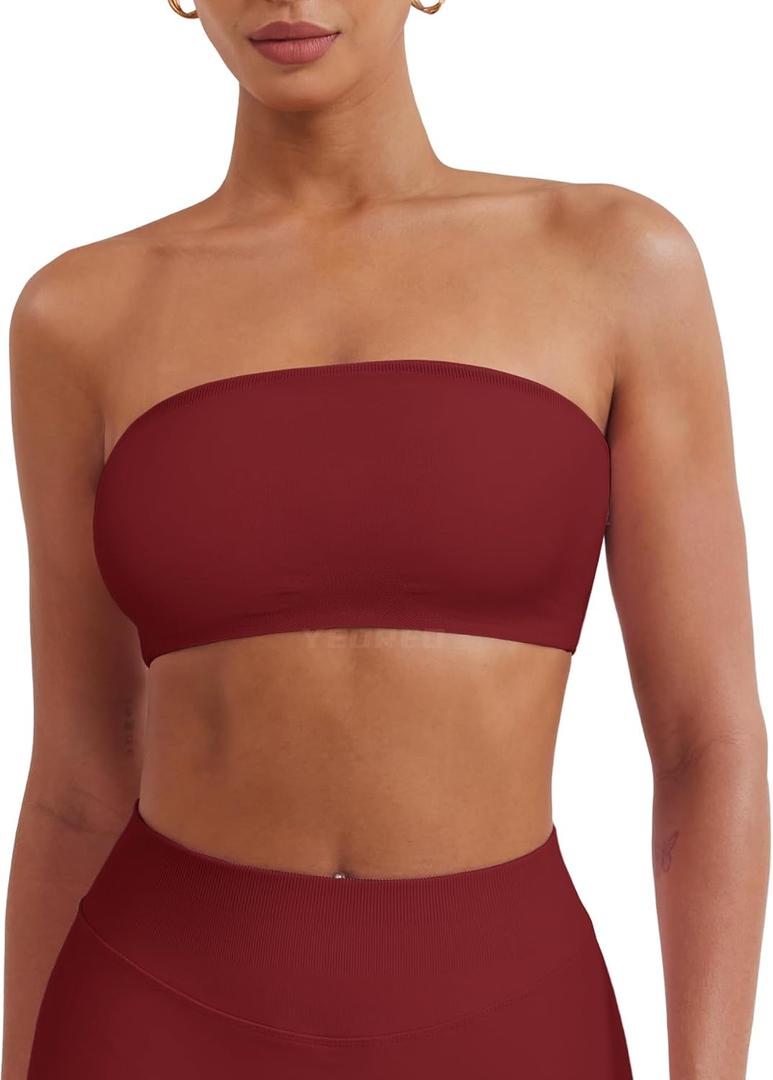 YEOREO Strapless Bandeau Sports Bra for Workout Seamless Tube Top Gym Padded Wireless Bra (Large, Scarlet)