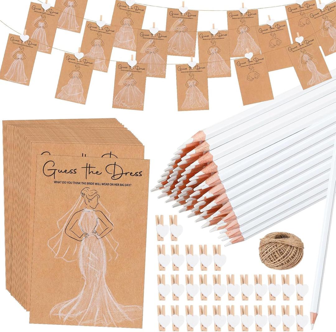 Sinload 50 Sets Guess the Dress Bridal Shower Games for Guests Wedding Shower Games Cards Water Soluble Pencils with Fun Heart Wooden Clip and 1 String Rope Wedding Party Supplies Games Ideas
