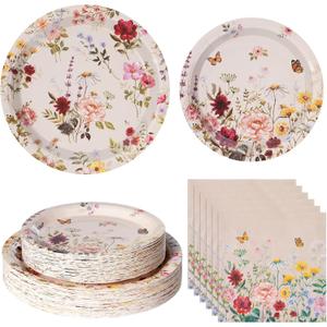 200pcs Floral Paper Plates Napkins Set,50set Disposable Wildflower Plate and Napkin for Spring Party,Bridal Shower,Wedding,Baby Shower,Birthday,Easter and Mothers Day Decorations