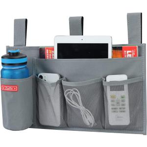 Hanging Bedside Caddy, Bedside Storage Organizer for Magazine, Phone, Remote control (5 Pockets-Grey)