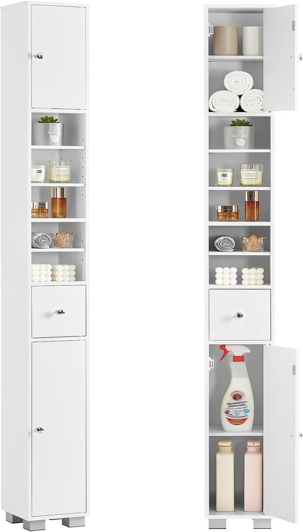 Bathroom Cabinet, Narrow Bathroom Storage Cabinet with 5 Adjustable Shelves & Drawer, Freestanding Cupboard for Small Spaces, White, 8"D x 8"W x 71"H