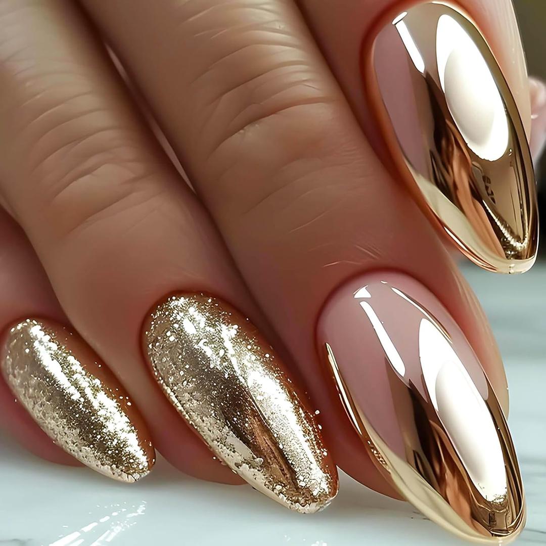Almond Press on Nails Medium Fake Nails Gold Glitter False Nails with Designs Gold Nail Press ons Gold Sparkly Glue on Nails Cute Stick on Nails for Women 24Pcs (Medium Almond Style 03-12)