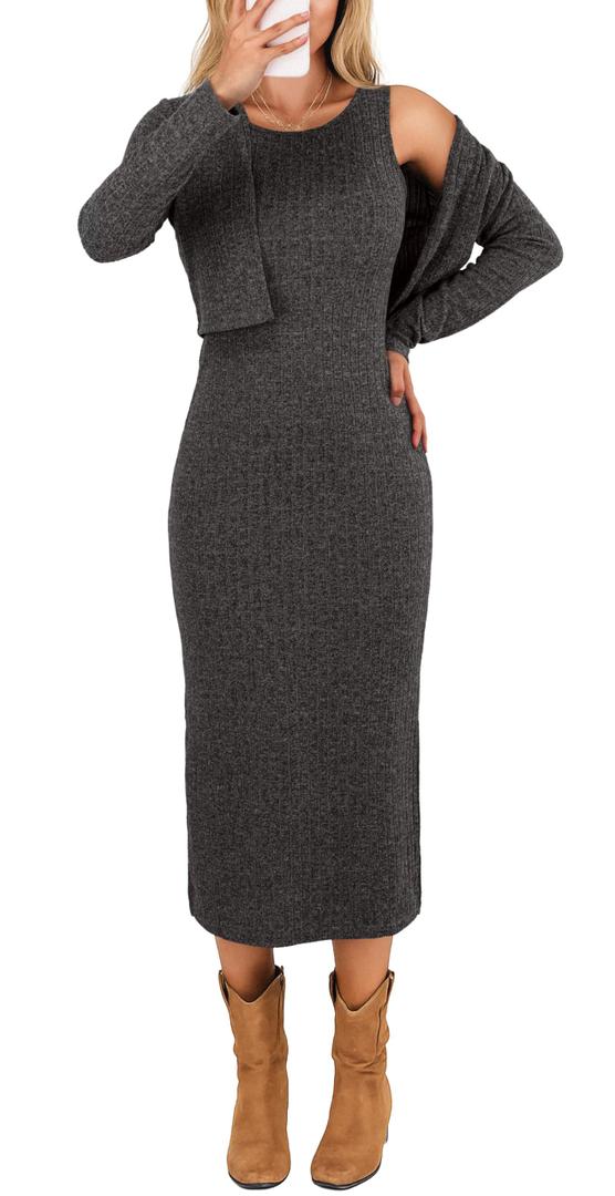 GRECERELLE Women's Fall 2 Piece Sets Long Sleeve Cropped Cardigan Split Crewneck Midi Dress, Dark Gray, XL (Gray, XL)