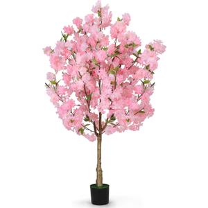 OUSHENG Artificial Cherry Blossom Tree, Fake Plants Indoor Decor, Faux Pink Sakura Flowers for Living Room Home House Entryway Bedroom Office Inside Decorations, 4FT