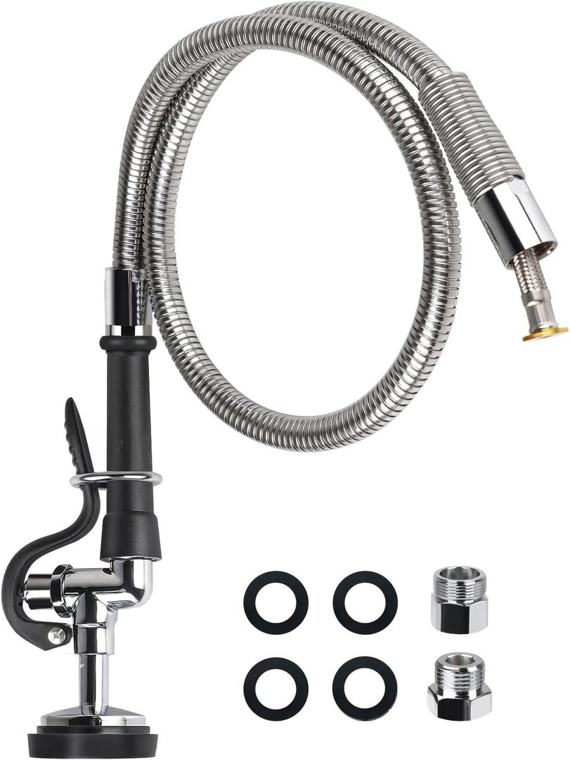 Pre Rinse Spray Valve with 45" Flexible Hose KANONEY Stainless Steel Hose 1.42 GPM Commercial Sink Sprayer Nozzle Head Replacement Kit for Dish Industrial Restaurant Kitchen Faucets, Black