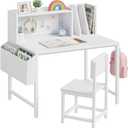 BOLUO Kids Desk and Chair Set for 6-12 Year Old, Children Study Desk with Hutch and Pegboard, Student Writing Table with Storage Shelf for Girls Boys