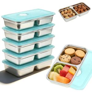 6 PCS Stainless Steel Snack Containers, Double Compartment Reusable Food Storage, Dishwasher-Safe & Leak-Proof, Ideal for Travel, Outdoor Camping, Work and Daily Use