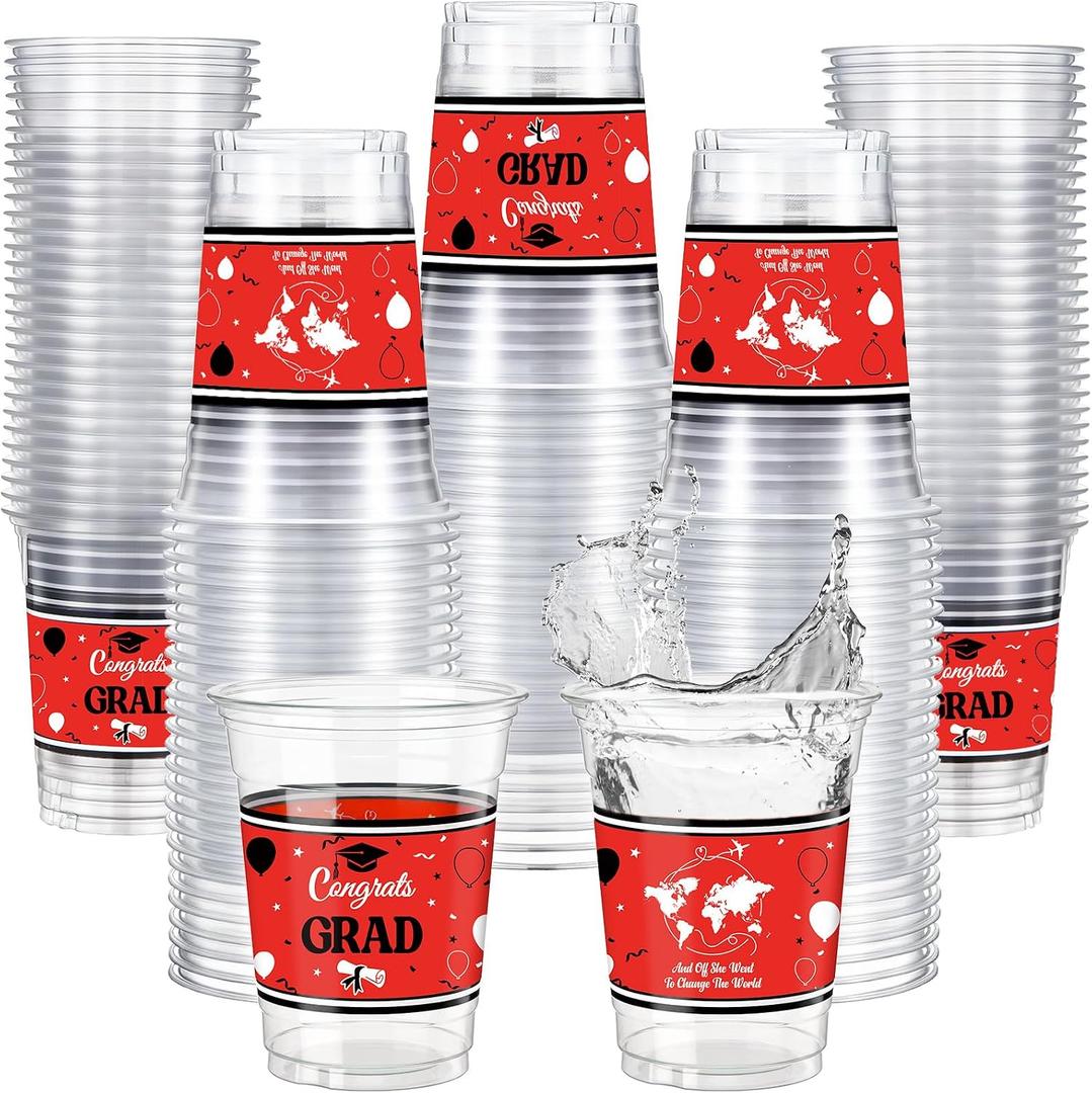 Qinyoung 100 Pcs Red Graduation Cups 12 oz Thick Plastic Class of 2026 Graduates Party Cups Clear Disposable Tableware for High College School Congrats Grad Party Supplies & Decorations