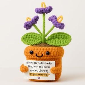 Viaosanza Positive Gift Cute and Interesting Small Crochet Potted Plant Room Table Decoration No Watering Pruning Maintenance Mini Purple Flower Plant Warm Emotional Card Bloom in Your Own Way
