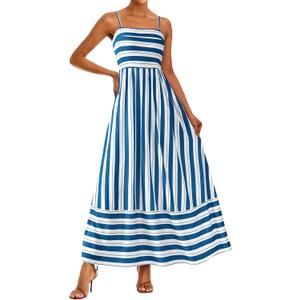 PRETTYGARDEN Women Summer Maxi Dresses 2026 Spaghetti Strap Boho Floral Striped Wedding Guest Beach Vacation Flowy Long Dress (Large, Striped White Blue)