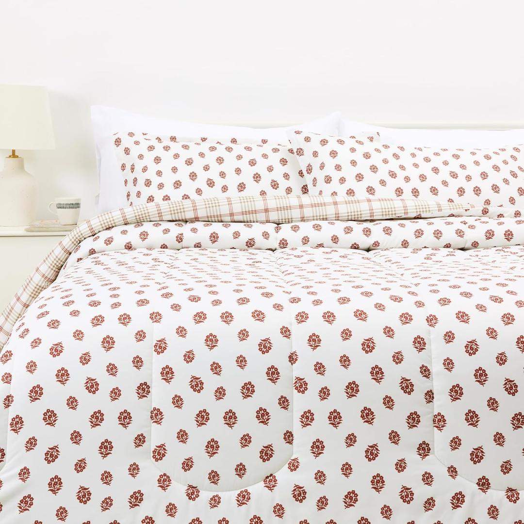 Amazon Basics Lightweight Polyester Microfiber Comforter Set, 3-Pieces, Off White Floral, King