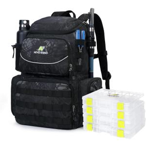 N NEVO RHINO Fishing Tackle Backpack with Rod Holders, 40L Large Fishing Bag with Waterproof Rain Cover,Outdoor Tackle Bag, Size: Pack with 4 Trays
