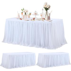 2 Pack White Tablecloth with Tulle Table Skirt for 6 Foot Rectangle Tables Wedding Ruffle Tutu Table Skirt Stretch Fitted TableCover for Parties Birthdays Baby Shower Celebration Banquet
