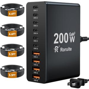 USB C Charging Station 10 Port with 4 USB Cables, 200W GaN Type C Charger Block, Wall Charger Power Strip Adapter Plug for iPad iPhone17 16 15 14 13 12 Pro Max Pixel Note Galaxy