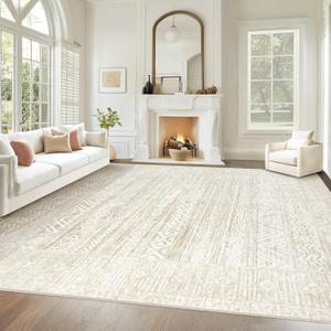 Living Room Rugs 9x12: Washable Moroccan Geometric Boho Rug Farmhouse Non Slip Stain Resistant Large Rug Low Pile Soft Carpet for Bedroom Dining Room Kids Room (Ivory Beige,9'x12')