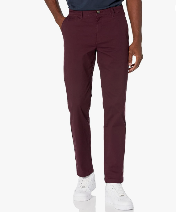 Essentials Men's Straight-Fit Casual Stretch Khaki Pant, Burgundy, 36W x 29L
