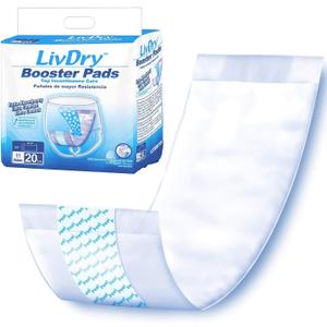 LivDry Incontinence Booster Pads, Use with Adult Diapers for Women and Men, Extra Comfort Softness, Disposable Pad (20 Count, Regular Length)