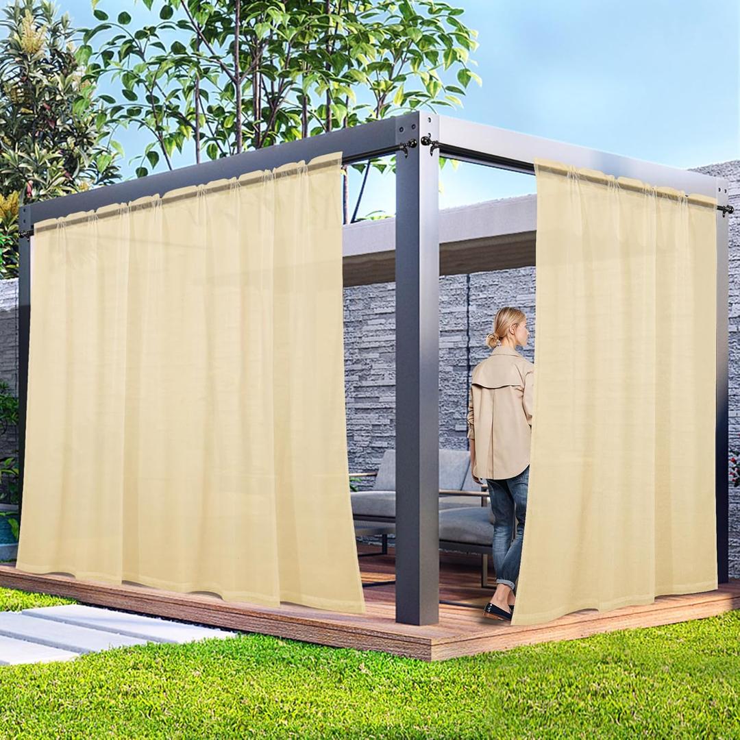 2 Panels Outdoor Sheer Curtains for Patio, Non-See-Through Beige Privacy Curtains for Patio Waterproof, Indoor Outdoor Drapes for Gazebo Pergola Balcony Pool Spa, 100 x 84 inch