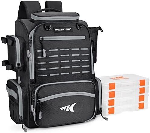 KastKing Bait Boss Fishing Tackle Backpack with Rod Holders-4 Tackle Boxes-Rain Cover,45/43L Large Storage for Fishing Gear, Black