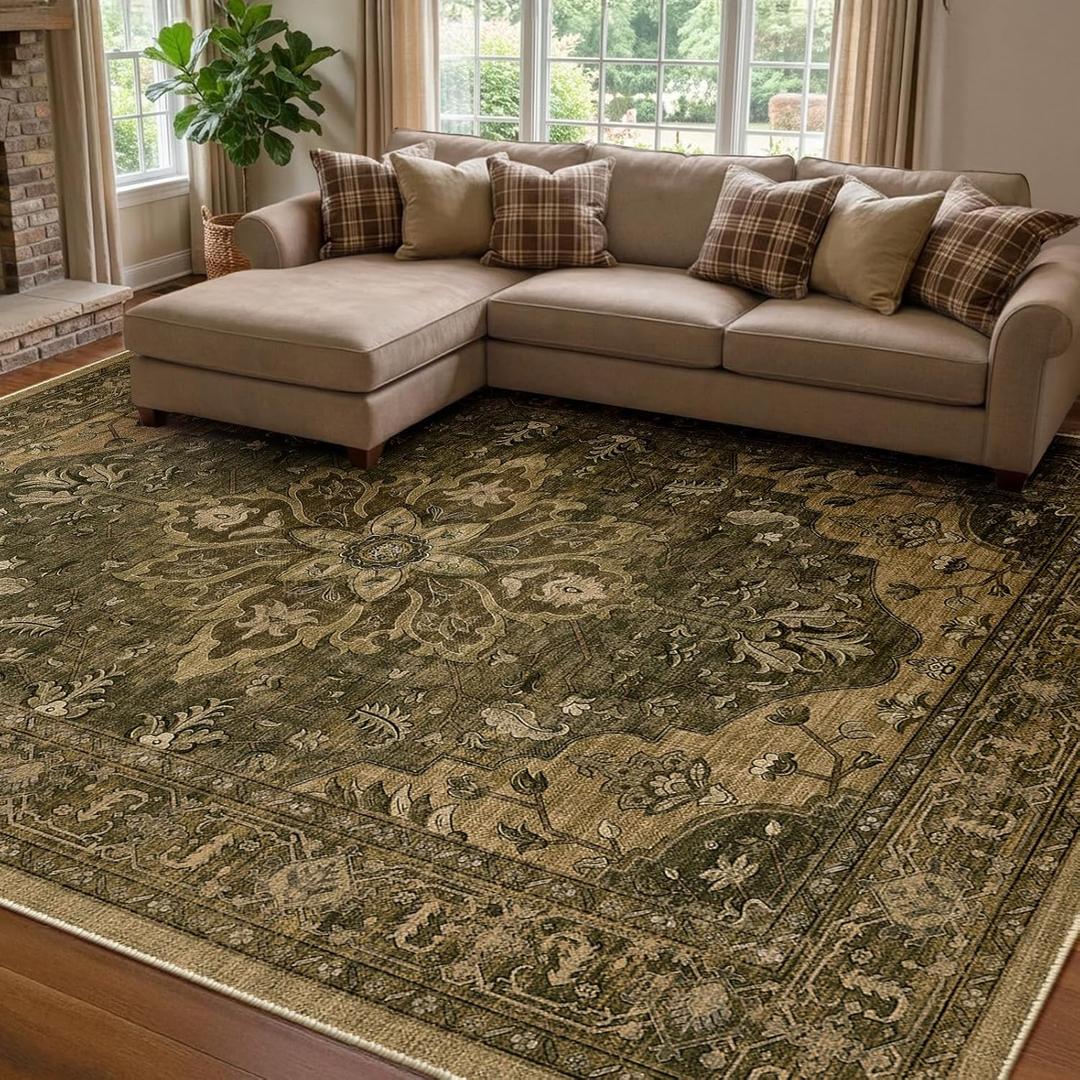 Area Rugs 8'x10' Washable Non-Slip, Floral Vintage Distress Print Pattern Medallion Carpet for Living Room Bedroom Dining Room, Brown Dark Brown
