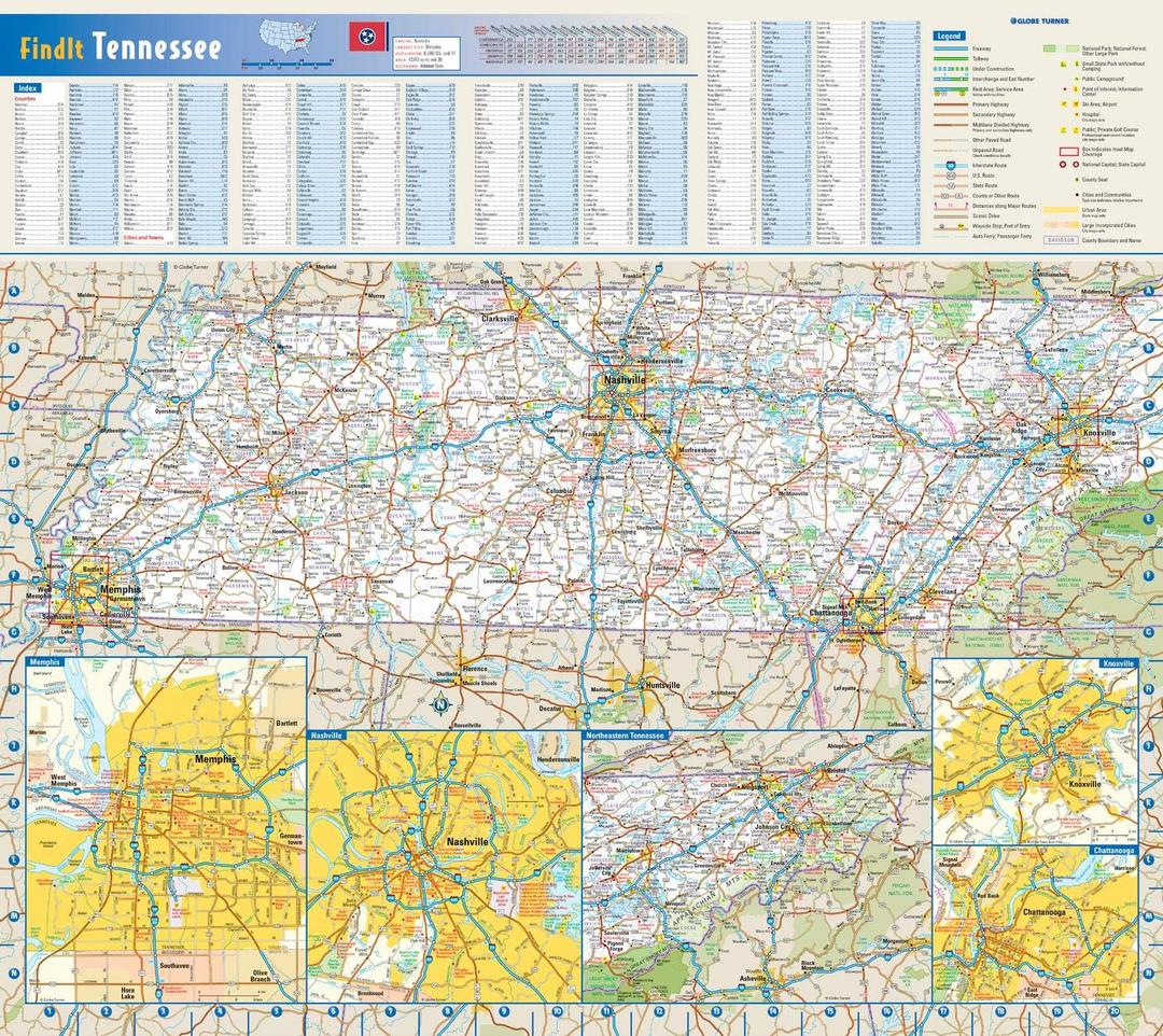 Globe Turner Tennessee State Wall Map - 20.75" x 18.5" Laminated Matte Full Color Street Map