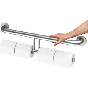Brushed Nickel Double Toilet Paper Holder w/Safety Bar 24 inch, Zepolu 2-in-1 Assist Bar Balanced Support Handle, Stainless Steel Wall Mounted Bathroom Toilet Grab Bar for Senior Elderly Handicap