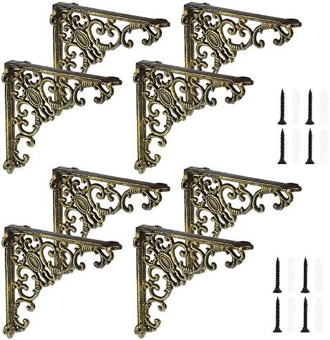 Lounsweer 4 Pcs Heavy Duty Antique Brass Shelf Brackets 8'' Wall Mounted Shelf Brackets Decorative Floating Rack Shelving Hardware for Kitchen Home Bathroom Cabinet Shelves Support (Classic)