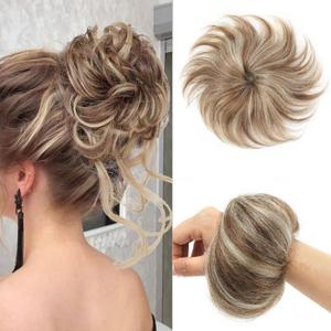 Human Hair Bun Medium Brown Highlighted Bleach Blonde Natural Curly Tousled Elegant Chignon with Elastic Rubber Band(1 Count #P4-613 Medium Brown Highlighted Bleach Blonde