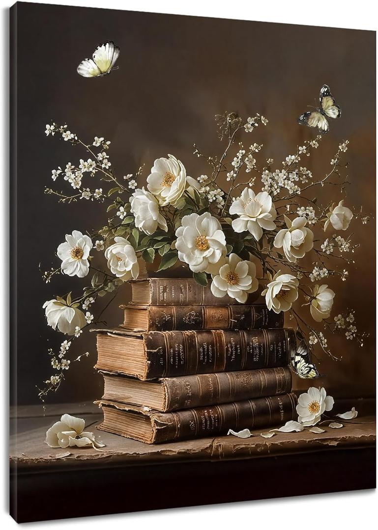 EOBTAIN Floral Book Wall Art Watercolor White Vintage Flower and Books Bathroom Canvas Wall Art Rustic Country Canvas Prints Art Home Decor for Living Room Bedroom 16x24 Inches