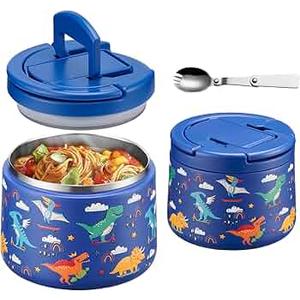 14oz Insulated Vacuum Food Jar with Buckle Lid, Soup Thermo for Hot Food Kids, Wide Mouth Leakproof Stainless Steel Lunch Container with Spoon-Dinosaur