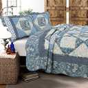 Home Fashions 100% Cotton Real Patchwork Floral Vintage Cottage Reversible Quilt Bedding Set Coverlet Bedspread (Blue Roses, Queen-3 Piece)