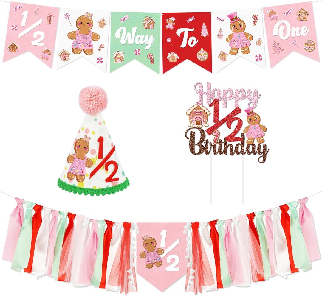 1/2 Birthday Christmas Half Birthday Decorations - Christmas It's My 1/2 Bday Banner Glitter Cake Topper Tassel High Chair Banner & Cone Hat Halfway to One Boy Girl Party Supplies