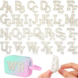 WILLBOND 52 Pieces Self Adhesive Pearl Rhinestone Letter Patches A-Z Bling Rhinestone Letter Stickers Glitter Alphabet Appliques Sticker for DIY Clothes Bags Hats Phone Backpacks(White)