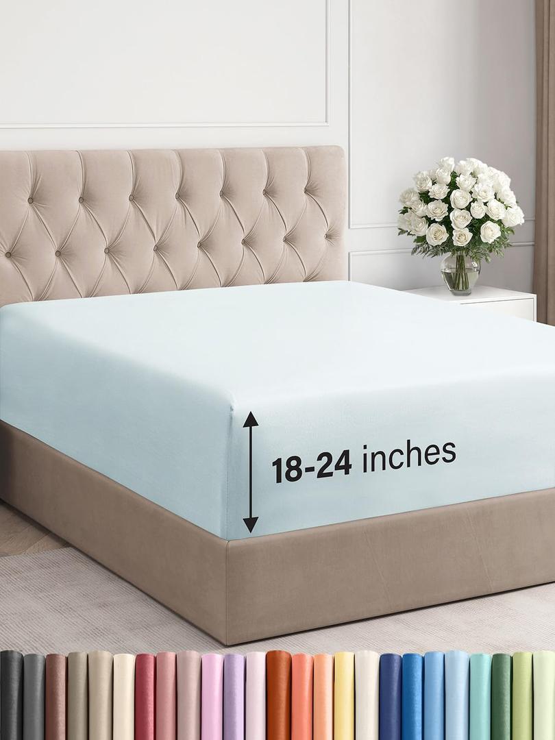 Extra Deep Queen Fitted Sheet - Hotel Luxury Single Fitted Sheet Only - Easily Fits 18 inch to 24 inch Mattress - Ultra Soft, Wrinkle & Fade Free w/Extra Deep Pockets - Breathable & Comfy - Ice Blue