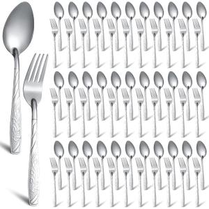 Minatee 200 Pcs Forks and Spoons Silverware Set Stainless Steel Flatware Cutlery Set Heavy Duty Metal Spoons and Forks for Kitchen Utensil Dinner Restaurant Home Mirror Polished (Flower)