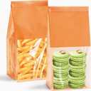 50 Pack Bakery Bags with Window - Reusable Kraft Paper Bread Bags with Tin Tie Tab Lock, Can Stand Upright, Orange (Small)