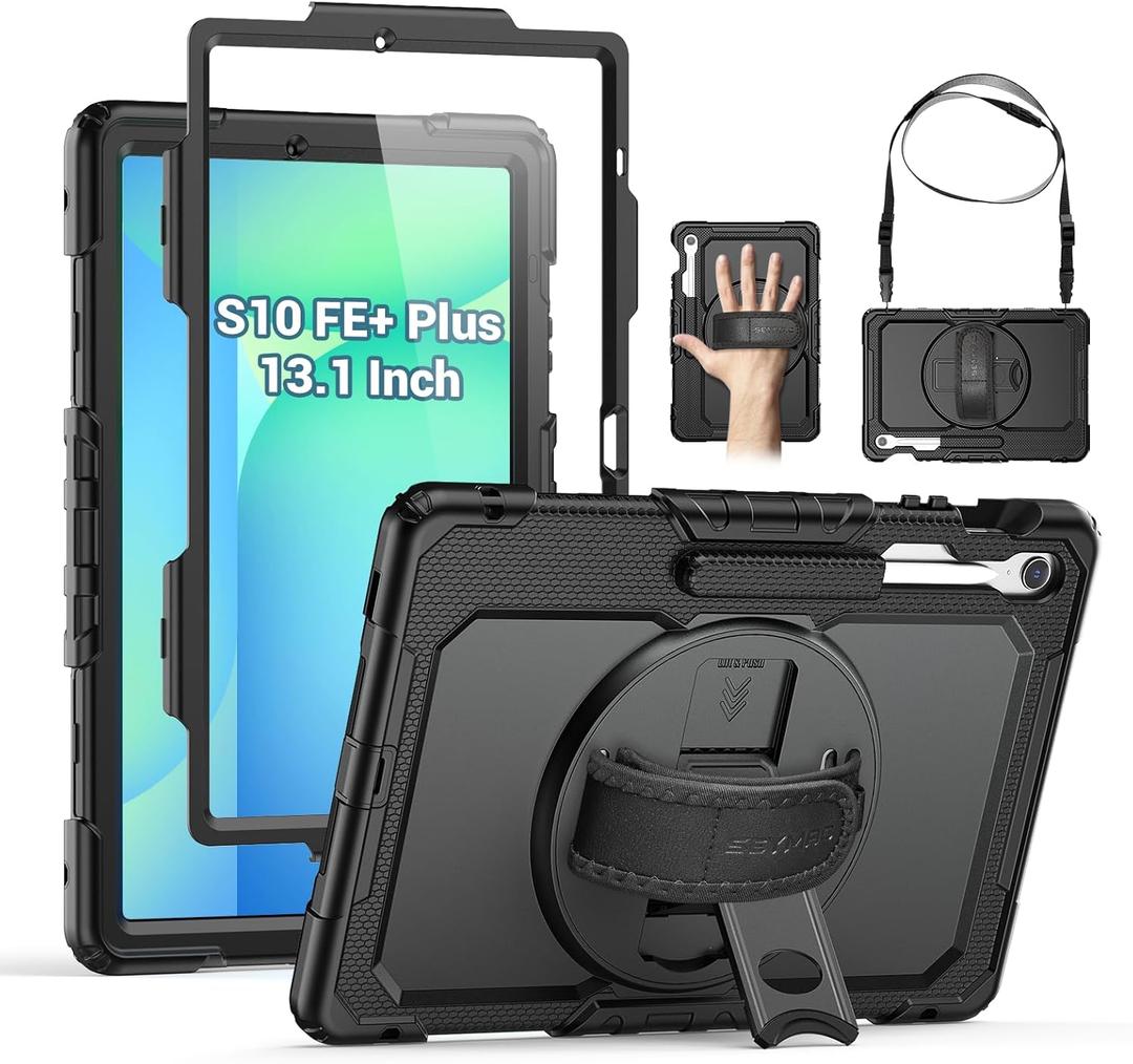 SEYMAC Case for Samsung Galaxy Tab S10 FE+/ S10 FE Plus 5G 13.1 2025, Heavy Duty Full-Body Shockproof Protective Case with Screen Protector, Stand, Hand/Shoulder Strap and Pen Holder, Black