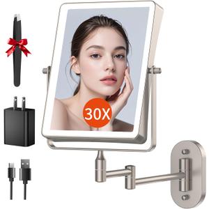 FUNTOUCH 5000mAh Rechargeable Wall Mounted Makeup Mirror with Lights, 8.7" Double Sided 1X/30X Magnifying Mirror with Dimmable 3 Color Light, Extended Swing Arm 360 Wall Mount Bathroom Vanity Mirror (Brushed Nickel)