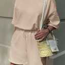 PRETTYGARDEN Women's 2 Piece Lounge Sets 2025 Summer Short Sleeve Tunic Tops Drawstring Shorts Matching Outfits Tracksuits (Beige, Small) (S)