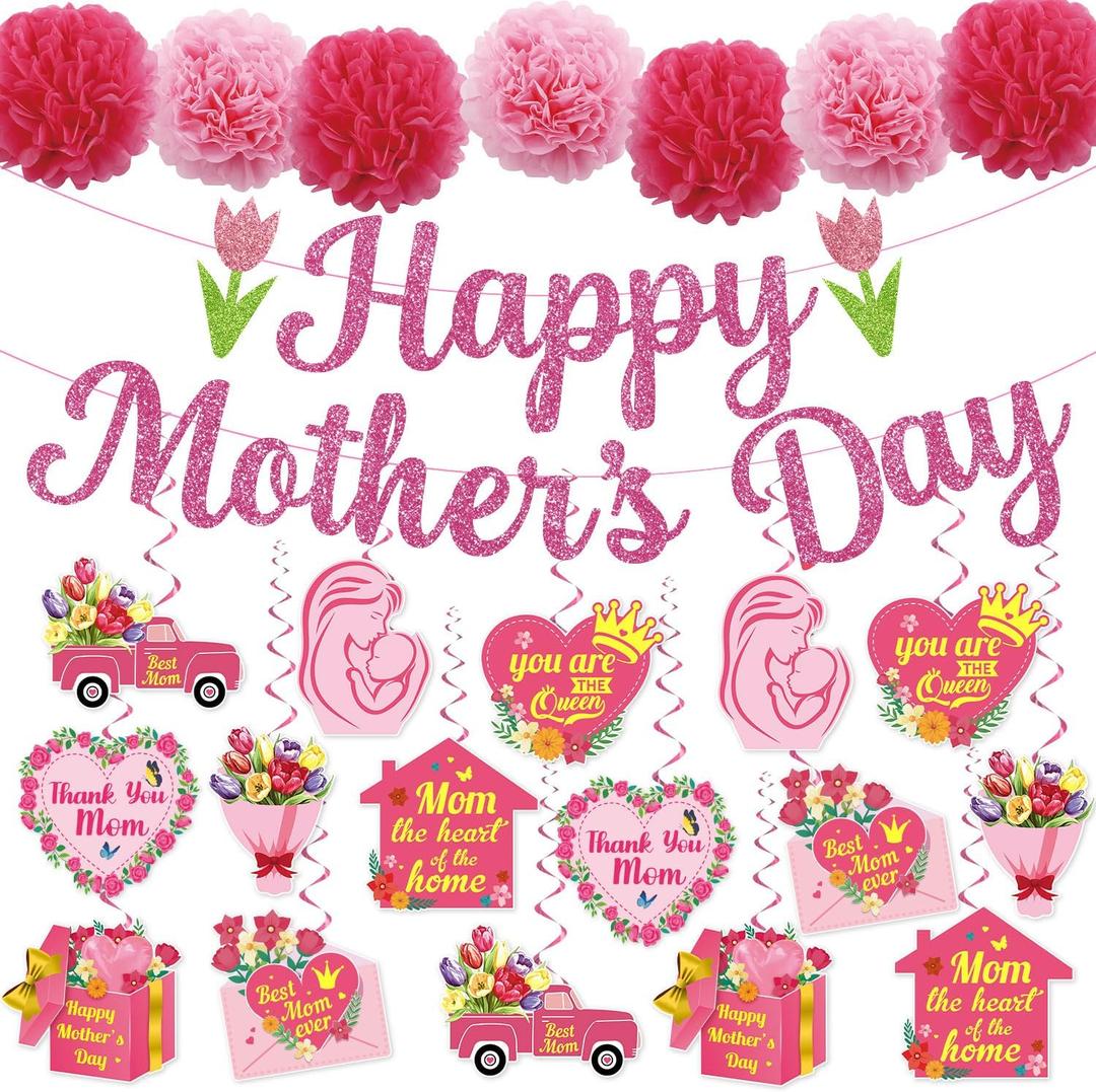 Mother Day Party Decorations, 41Pcs Mothers Day Decorations for Office include Happy Mother Day Banner and Mother's Day Decorations Hanging Swirls, NO-DIY Glitter Happy Mothers Day Decorations Outside