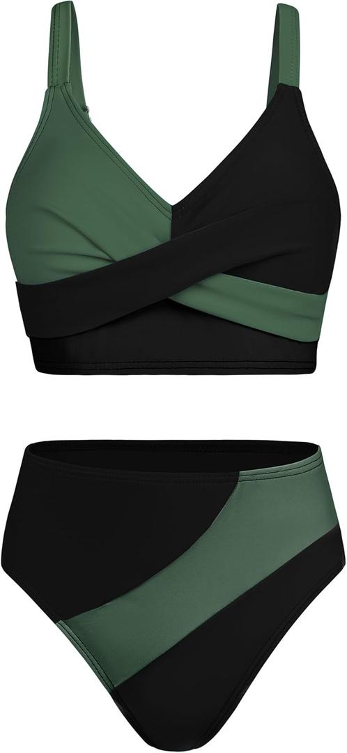 Girls Swimsuits Bikini Set Color Block Criss Cross V Neck Teen Girl Swimsuit Two Piece Cut Bathing Suit (11-12 Years, Black+green)