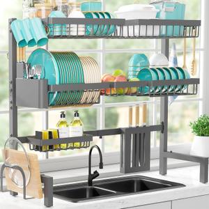 Over The Sink Dish Drying Rack - Adjustable 3 Tier XX-Large Capacity Stainless Steel Drainer with Cutlery & Utensil Holders, Kitchen Storage & Organization, 31.5"-39.5"L x 12"W x 30.5"H, Gray