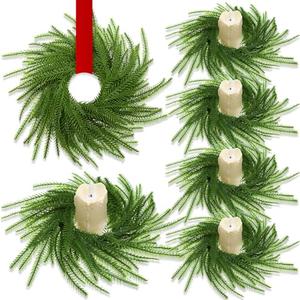 Yuefunny 4 Pcs Mini Wreaths for Cabinets, 9.8 Inch Christmas Norfolk Pine Candle Rings, Artificial Small Wreath Garland Xmas Candle Ring Holder for Kitchen Cabinet Window Chair Wall Table Centerpiece