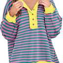 Caracilia Women's Oversized Sweatshirts Long Sleeve Henley Button Down Pullover Hoodies Tunic Tops 2025 Trendy Fall Clothes Striped Pink XXL (XXL)